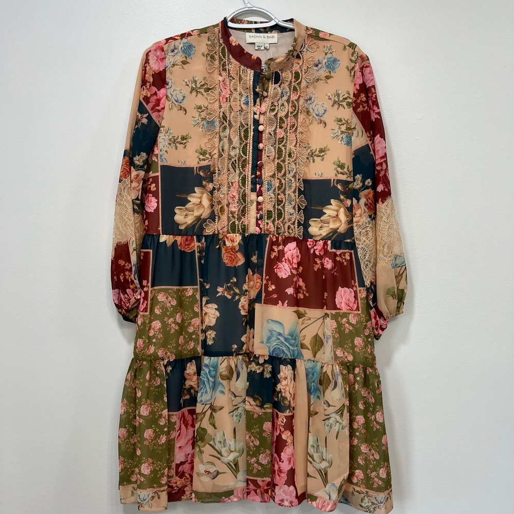 Sachin‎ & Babi Womens Dress Medium NEW Moyer Floral Patchwork Ruffle Long Sleeve